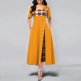 Buttoned Plaid Stitched Mid sleeve Long Dress - Brown