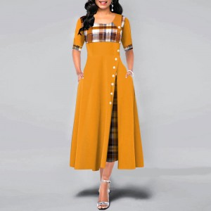 Buttoned Plaid Stitched Mid sleeve Long Dress - Brown