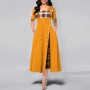 Buttoned Plaid Stitched Mid sleeve Long Dress - Brown