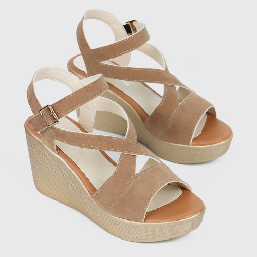 Roman Style Cross Strap Buckle Wedge Sandals - Brown image