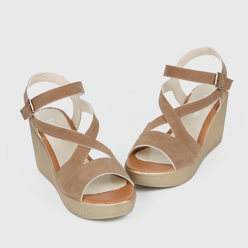Roman Style Cross Strap Buckle Wedge Sandals - Brown image