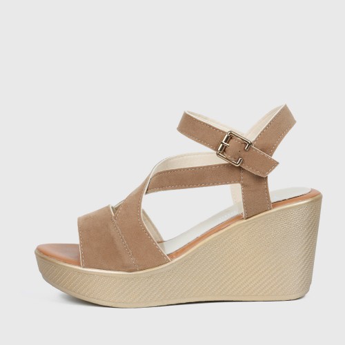 Roman Style Cross Strap Buckle Wedge Sandals - Brown image