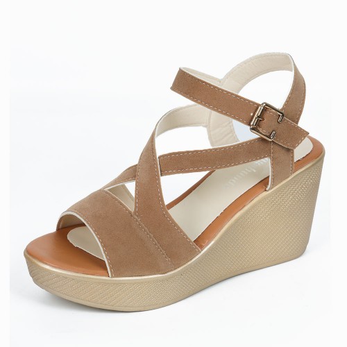 Roman Style Cross Strap Buckle Wedge Sandals - Brown image