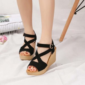 Roman Style Cross Strap Buckle Wedge Sandals - Black
