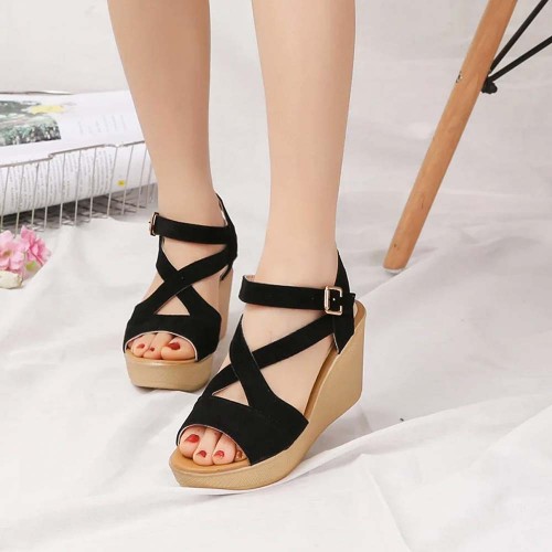 Roman Style Cross Strap Buckle Wedge Sandals - Black image