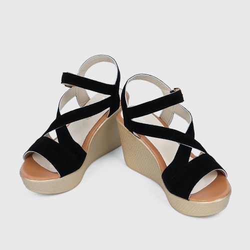 Roman Style Cross Strap Buckle Wedge Sandals - Black image