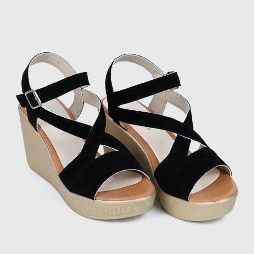 Roman Style Cross Strap Buckle Wedge Sandals - Black image