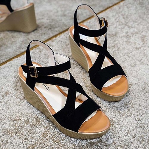 Roman Style Cross Strap Buckle Wedge Sandals - Black image