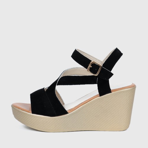 Roman Style Cross Strap Buckle Wedge Sandals - Black image