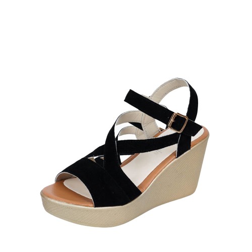 Roman Style Cross Strap Buckle Wedge Sandals - Black image