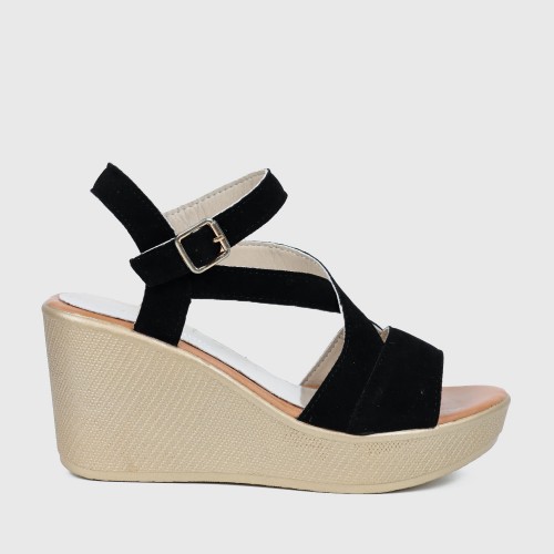 Roman Style Cross Strap Buckle Wedge Sandals - Black image