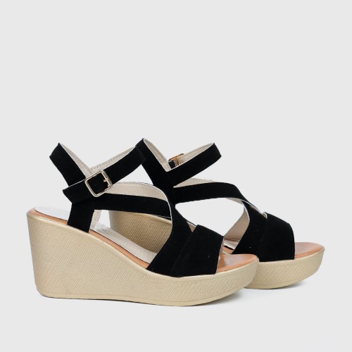Roman Style Cross Strap Buckle Wedge Sandals - Black image