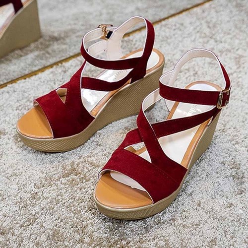 Roman Style Cross Strap Buckle Wedge Sandals - Red image