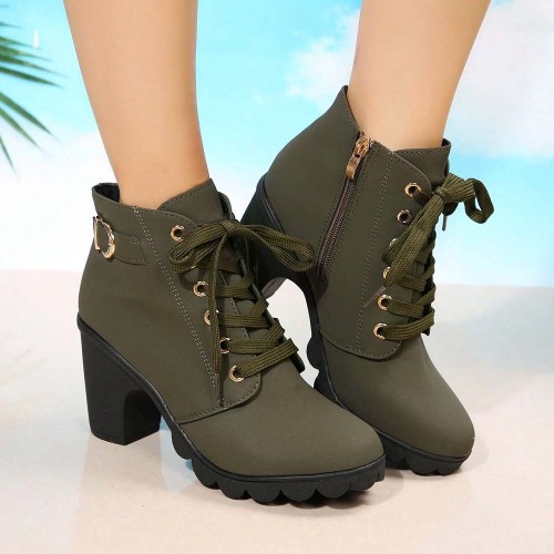 Martin Style Round Toe Lace up Ankle Boots -Green image