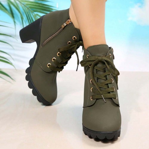 Martin Style Round Toe Lace up Ankle Boots -Green image