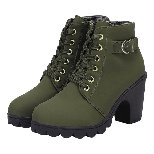 Martin Style Round Toe Lace up Ankle Boots -Green image