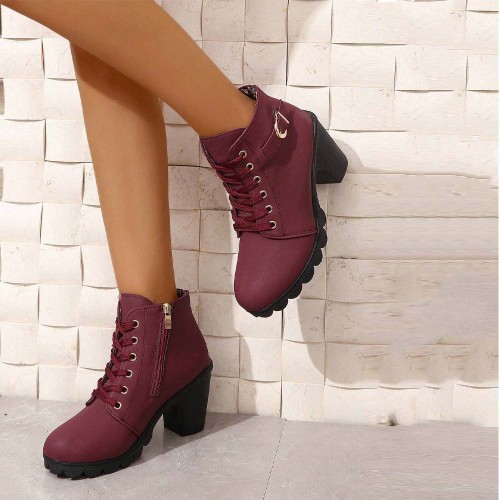 Martin Style Round Toe Lace up Ankle Boots -Red image