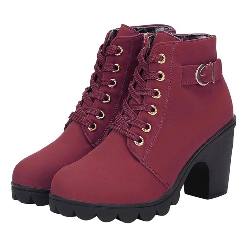 Martin Style Round Toe Lace up Ankle Boots -Red image