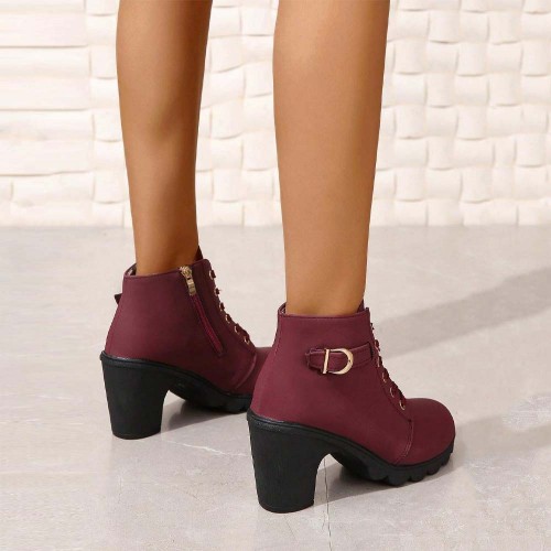 Martin Style Round Toe Lace up Ankle Boots -Red image