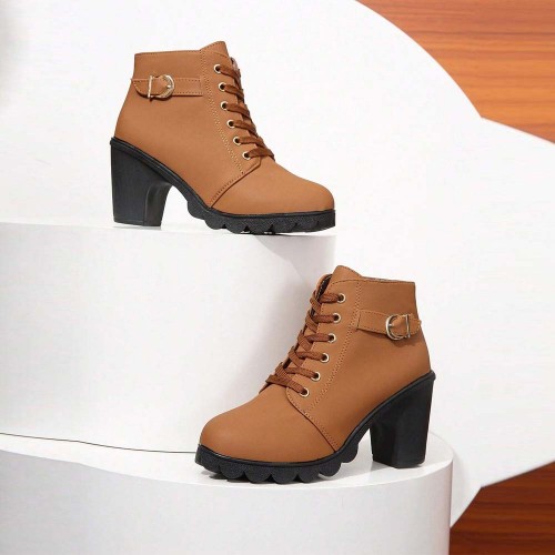 Martin Style Round Toe Lace up Ankle Boots - Brown image