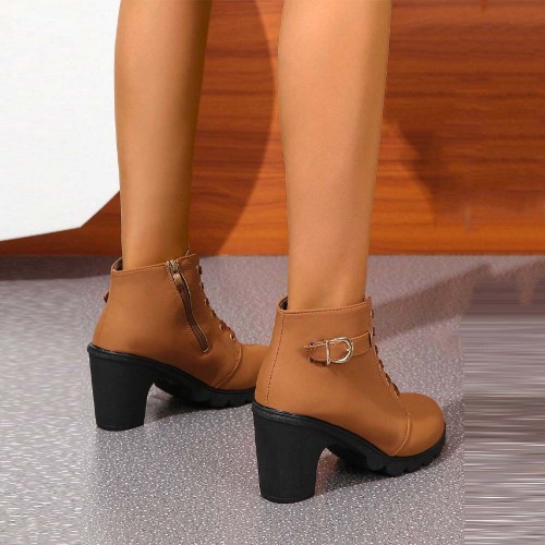 Martin Style Round Toe Lace up Ankle Boots - Brown image