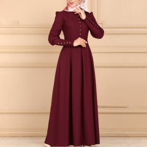 Front Button Long Sleeved kaftan Dress - Maroon