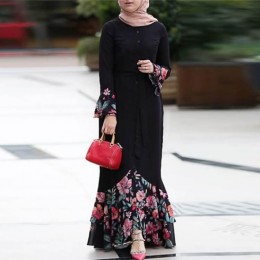 Floral Printed Front Button Long Sleeve Maxi Dress - Black
