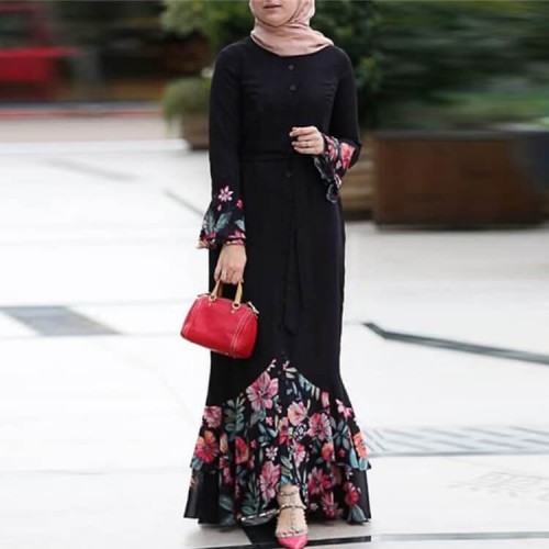 Floral Printed Front Button Long Sleeve Maxi Dress - Black image