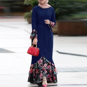 Floral Printed Front Button Long Sleeve Maxi Dress - Blue