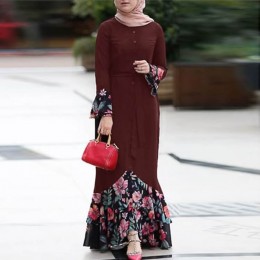 Floral Printed Front Button Long Sleeve Maxi Dress - Maroon