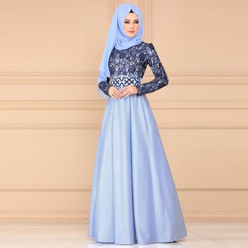 Vintage Style High Waist Arabic Maxi Dress - Light Blue image