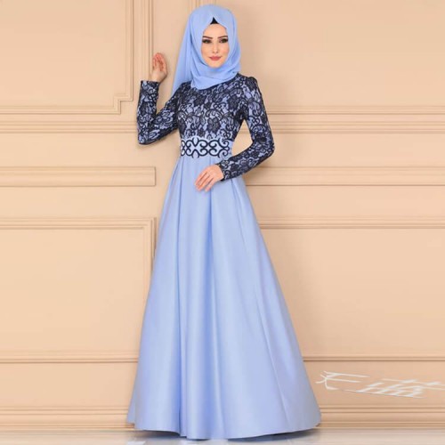 Vintage Style High Waist Arabic Maxi Dress - Light Blue image