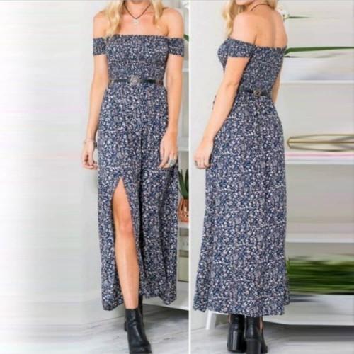 Casual Off Shoulder Floral Print Evening Dress - Blue image