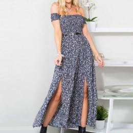 Casual Off Shoulder Floral Print Evening Dress - Blue