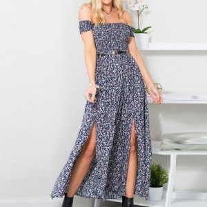 Casual Off Shoulder Floral Print Evening Dress - Blue