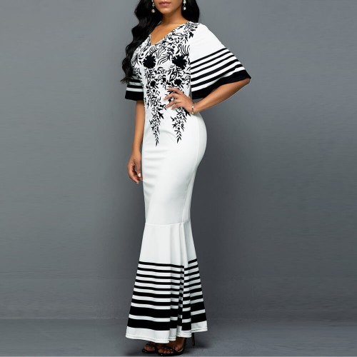 Floral Printed Skirt High Waist Party Mermaid Dress - White