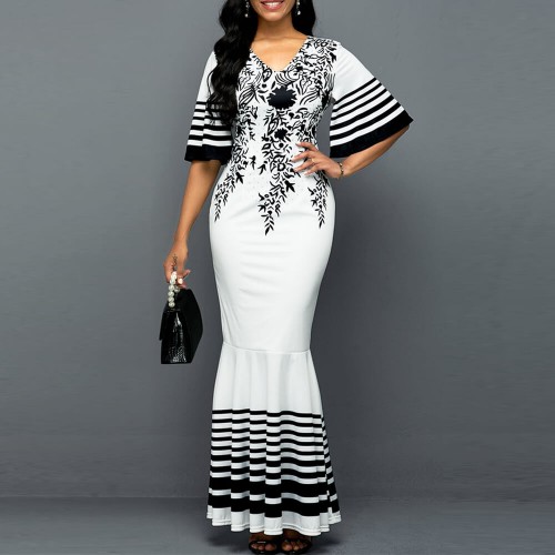 Floral Printed Skirt High Waist Party Mermaid Dress - White