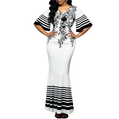 Floral Printed Skirt High Waist Party Mermaid Dress - White