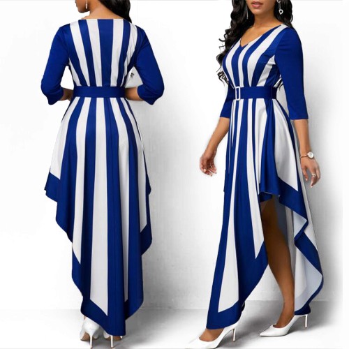 Striped Cross Border Sleeve Irregular Long Dress - Blue image