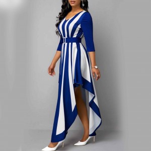 Striped Cross Border Sleeve Irregular Long Dress - Blue