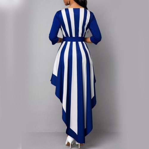 Striped Cross Border Sleeve Irregular Long Dress - Blue image