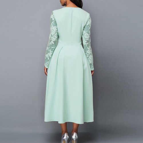 Lace Patchwork Stitching High Waist Evening Dress - Light Green image