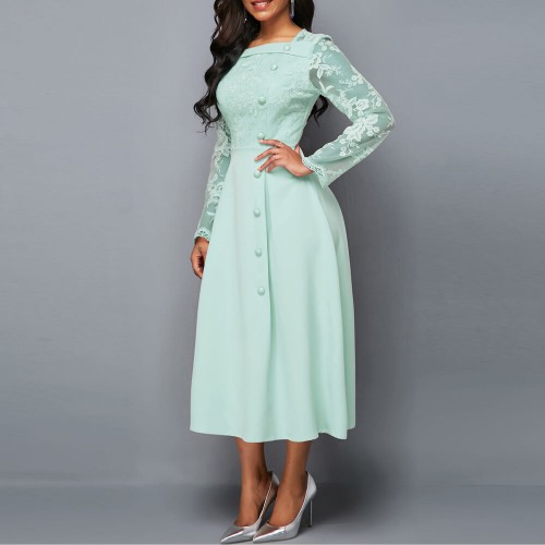 Lace Patchwork Stitching High Waist Evening Dress - Light Green image