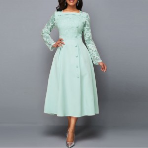 Lace Patchwork Stitching High Waist Evening Dress - Light Green