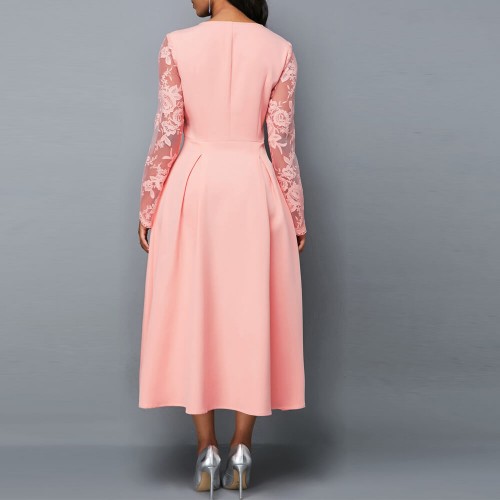 Lace Patchwork Stitching High Waist Evening Dress - Pink image