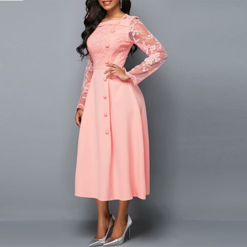  Lace Patchwork Stitching High Waist Evening Dress - Pink image