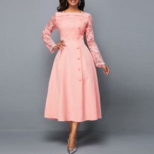  Lace Patchwork Stitching High Waist Evening Dress - Pink