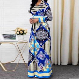 Multi Pattern European Style Split Neck Maxi Dress - Blue