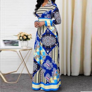 Multi Pattern European Style Split Neck Maxi Dress - Blue