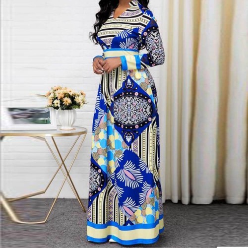 Multi Pattern European Style Split Neck Maxi Dress - Blue image